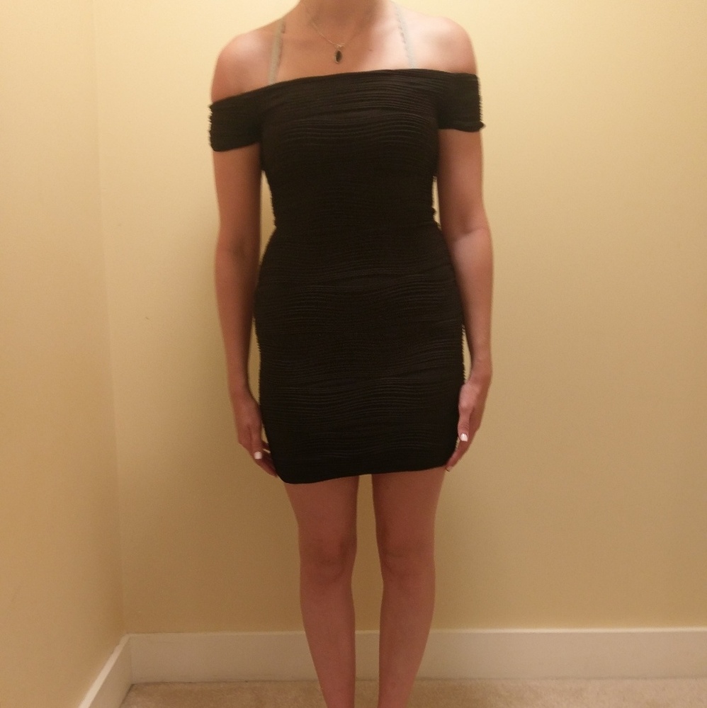 Tight black mini dress, textured, off the shoulder